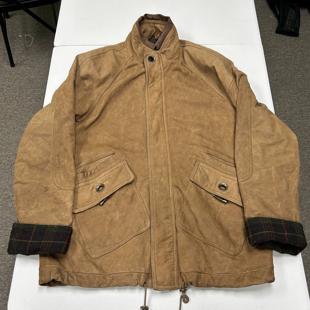Adler Leather Field Jacket Mens XL Brown Plaid Lined Workwear Utility Jacket